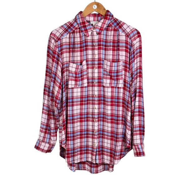 Anthropologie Pilcro Red Blue Pink Plaid Soft Knit Long Sleeve Button Up Shirt - Picture 8 of 11